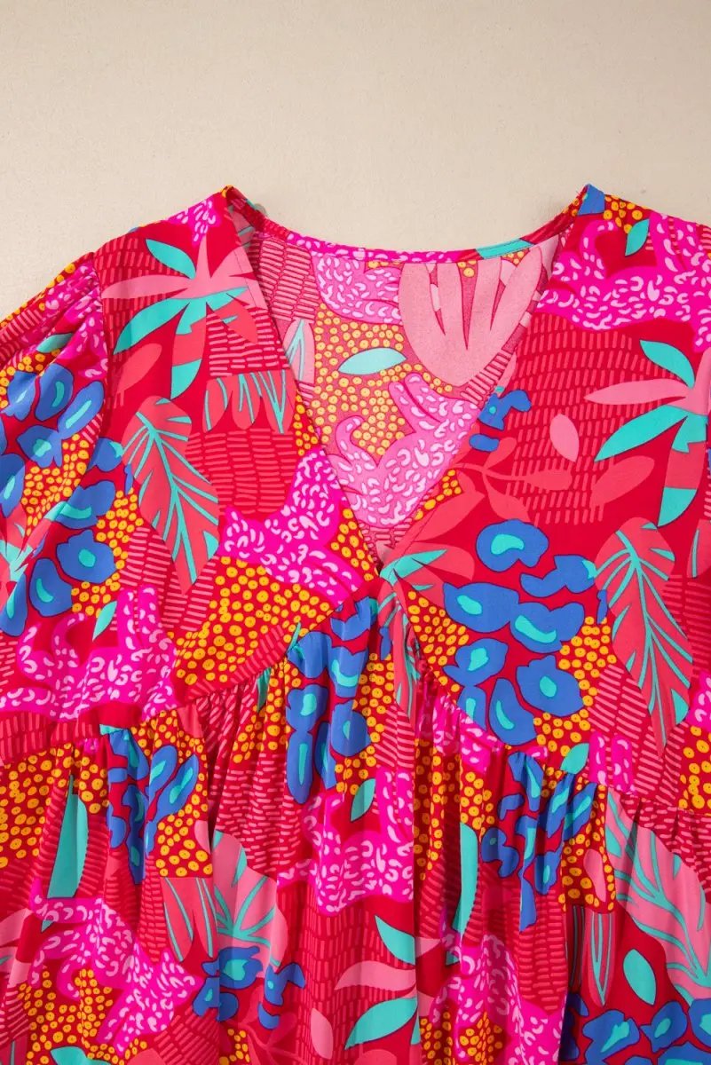 Rose Tropical Printed Lantern Sleeve V Neck Ruffled Plus Size Mini Dress - Love Salve